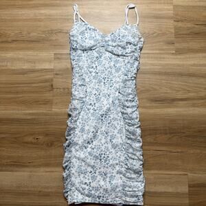 Windsor Blue & White Floral Ruched Mini Bodycon Dress Size S